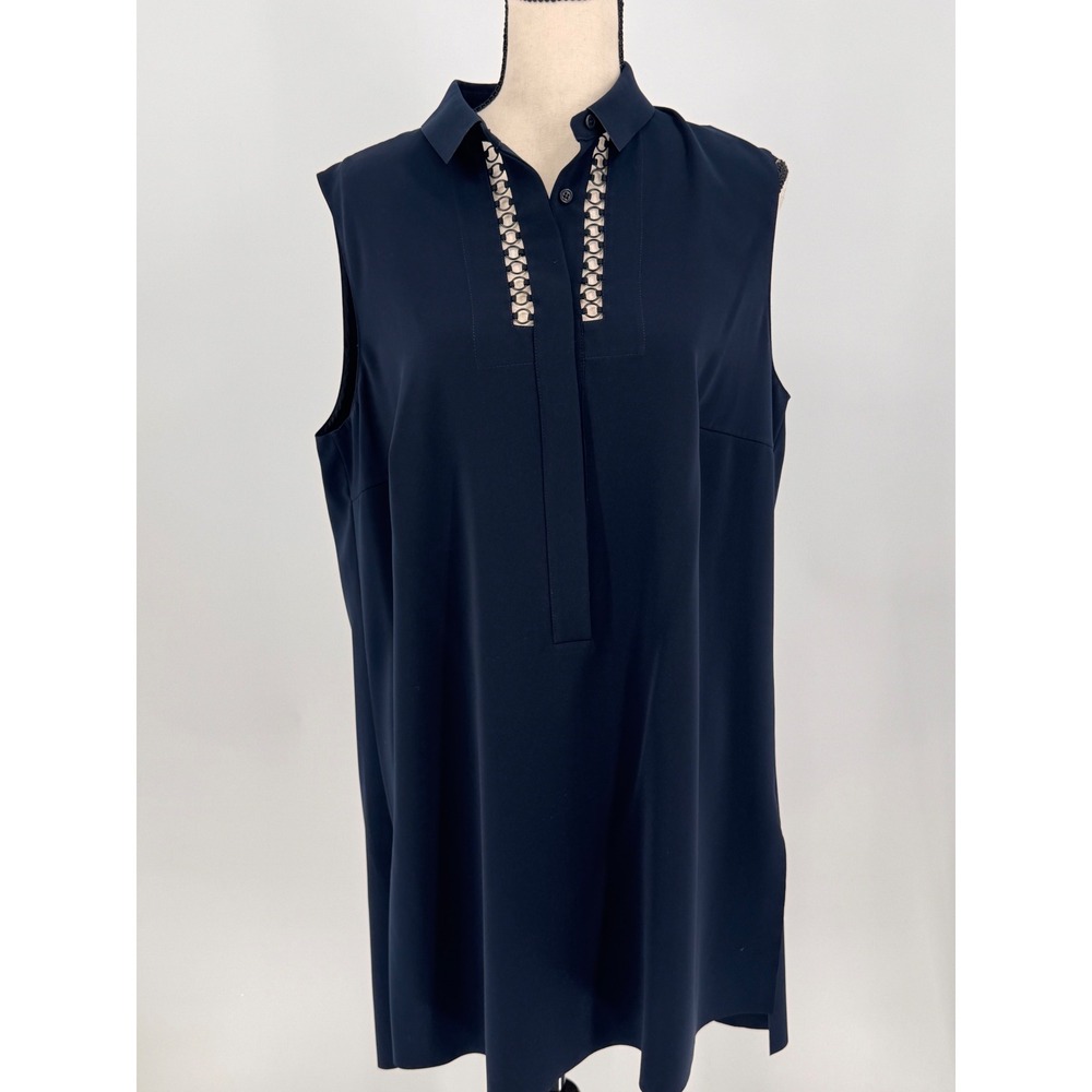 Akris Punto Sleeveless Blouse Women 12 Navy Blue Metal Ring Trim Tunic